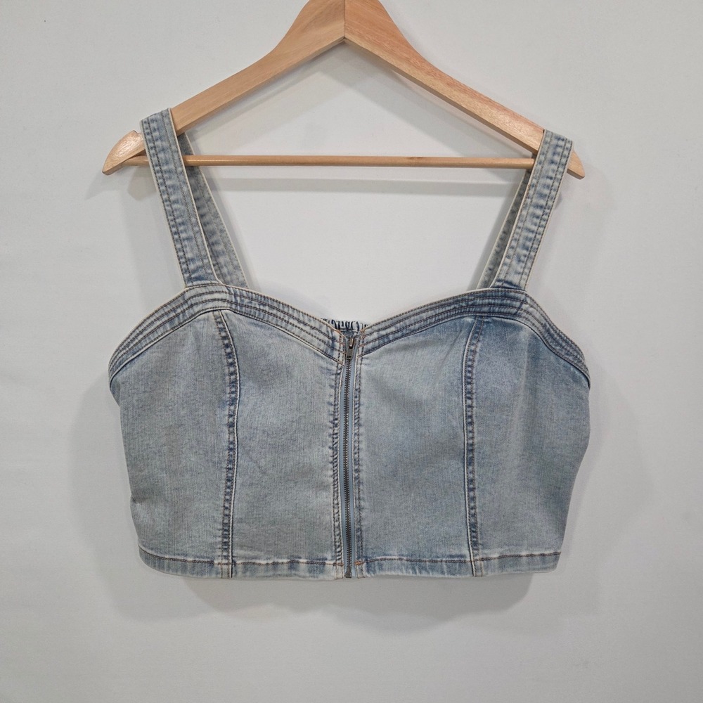 Womens Denim Zip Front Bustier Corset Tank Top XL‎ Smocked Back Y2K Festival
